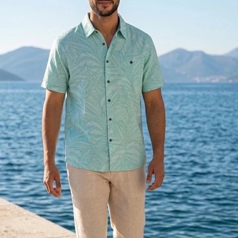 Havana Jim Camp Shirt Men’s Size Large Aqua Aloha Luau Tropical Floral Hawaiian